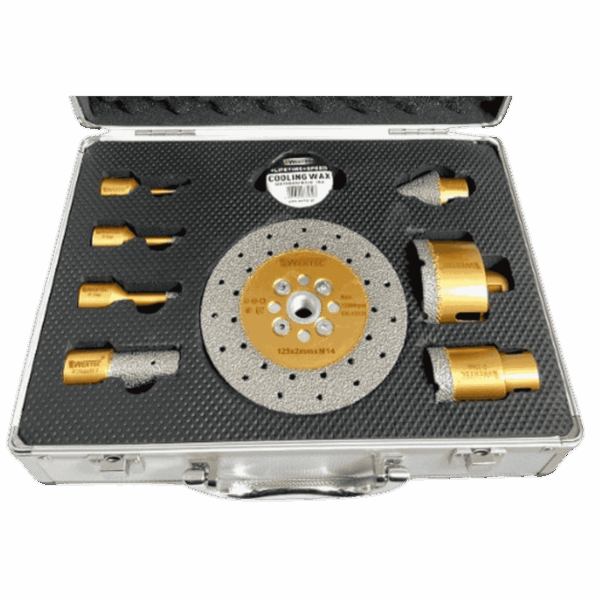 Zestaw koronek diamentowych do gresu 6, 8, 10, 35, 65 mm + 2 frezy i tarcza WERTEC